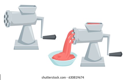 Grinder with minced meat or empty. Cooking process vector illustration. Kitchenware and utensils isolated on white. Tasty food