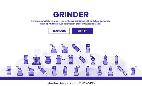 Grinder Pepper Salt Landing Web Page Header Banner Template Vector. Coffee Grinder Tool, Kitchen Utensil Or Restaurant Equipment For Spice, Flavor Kitchenware Illustrations