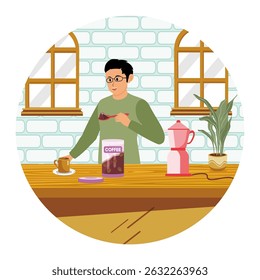 Grinding Coffee Beans concept. A man is busy grinding coffee in a cozy kitchen, decorated with brick walls and houseplants.