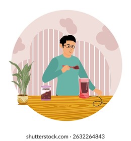 Grinding Coffee Beans concept. Man grinding coffee beans for making an espresso. Home barista indoors lifestyle.