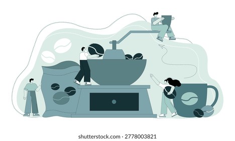 Grinding coffee beans. Flat people make coffee, grind coffee on a coffee grinder. Barista