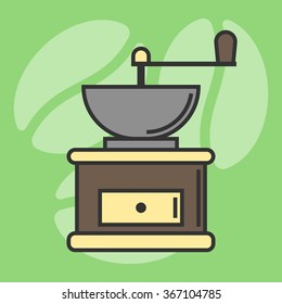 Grinding coffee machine flat icon line, roasted coffee beans in the background. To cook coffee. Retro mechanical equipment for coffee shop. Vector illustration for your design