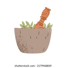 Grinding herbs in mortar with pestle. Organic natural remedy from herbal leaf plant in bowl. Pistil and pot for cooking homeopathy medicine. Flat vector illustration isolated on white background