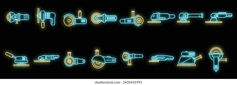 Grinding machine icons set outline vector. Build construct. Electric equipment neon isolated