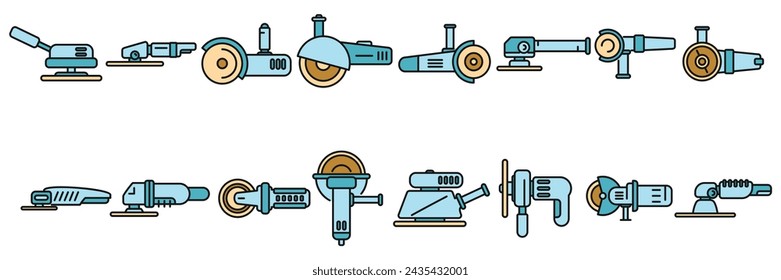 Grinding machine icons set outline vector. Build construct. Electric equipment color line isolated