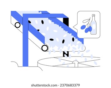 Ilustración vectorial de concepto abstracto de aceitunas de secado. Proceso de molienda de aceitunas utilizando equipo especial, proceso de extracción, producción de aceite, industria alimentaria, frutas y verduras metáforas abstractas.