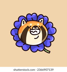 Grinning animal face. Cute fluffy dog smile in flower, funny puppy shiba, satisfied pup muzzle, lovely akita inu. Sticker with positive emotions and expression. Flat isolated vector illustration