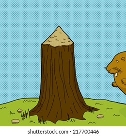 Grinning beaver at chewed tree trunk outdoors
