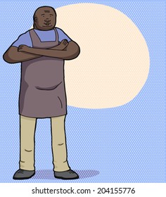 Grinning big man in apron over blue background