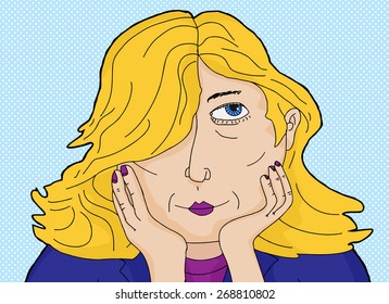 Grinning blond woman daydreaming and holding face