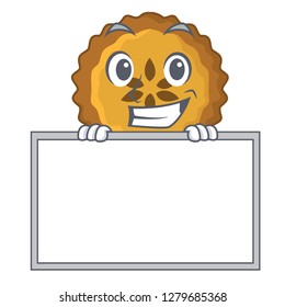 Grinning with board apple pie bread on cartoon Plate