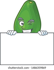 Grinning with board avocado fruit character on white background