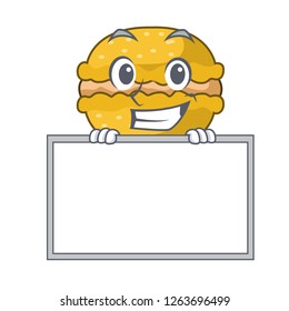 Grinning with board banana macarons isolated on a mascot
