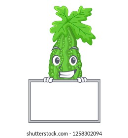 Grinning with board Bitter melon isolated on a mascot