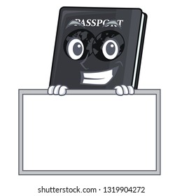 Grinning with board black passport in a cartoon bag