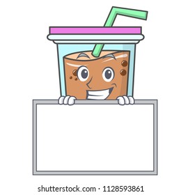 Grinning with board bubble tea character cartoon