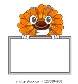 Grinning with board calendula flowers in the cartoon pots