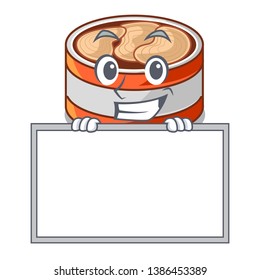Grinning with board canned tuna isolated with in mascot