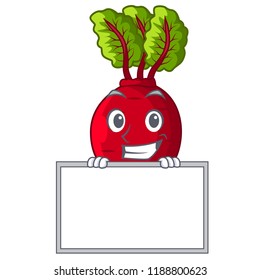 Grinning with board cartoon fresh harvested beetroots in wooden crate