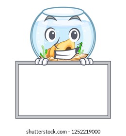 Grinning with board cartoon goldfish a in on fishbowl