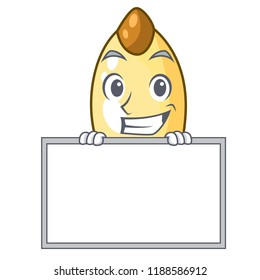 Grinning with board cedar nut on cartoon wooden table