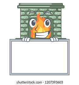 Grinning with board character fireplace with red brick inside