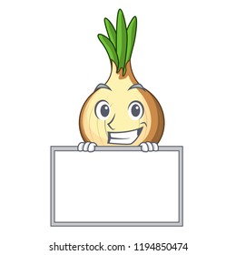 Grinning with board character fresh yellow onion on table