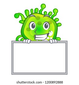 Grinning with board character microbe bacterium on the palm
