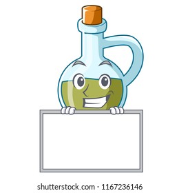 Grinning with board character olive oil in bottle wooden