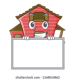 Grinning with board character red barn building with haystack