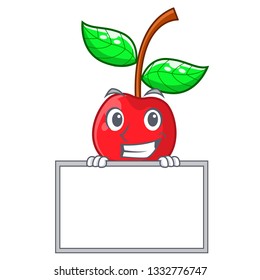 Grinning with board cherry fruit in a mascot basket
