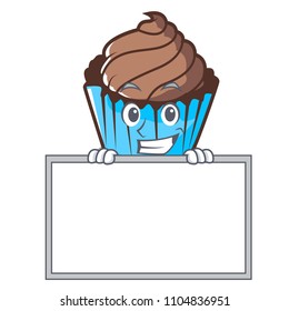 Grinning with board chocolate cupcake character cartoon