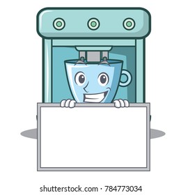 Grinning with board coffee maker character cartoon