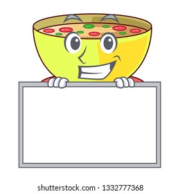 Grinning with board corn chowder in a cartoon bowl