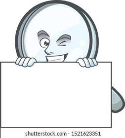 Grinning with board design magnifying glass cartoon character style.