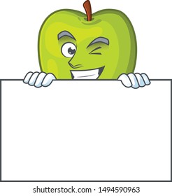 Grinning with board granny smith in a green apple character mascot