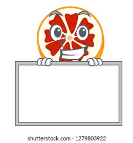 Grinning with board grapefruit in a cartoon fruit basket