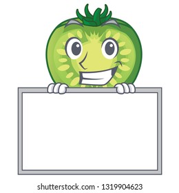 Grinning with board green tomato slice in cartoon bowl