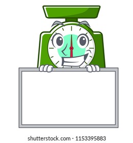 Grinning with board kitchen scale character cartoon