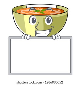 Grinning with board lentil soup in a mascot bowl