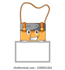 Grinning with board messenger bag on a isolated mascot