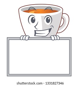 Grinning with board mint tea above wooden cartoon table