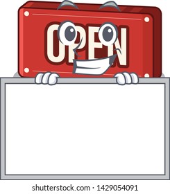 Grinning with board open sign in the mascot shape