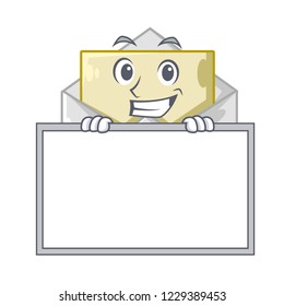 Grinning with board opened and closed envelopes shaped cartoon