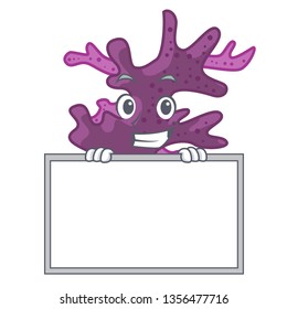 Grinning with board purple coral reef in cartoon aquarium