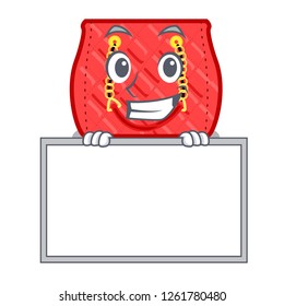 Grinning with board quilted bag isolated on a mascot