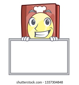 Grinning with board recipe book above wooden character table