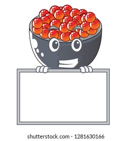 Grinning with board roe salmon in a cartoon bowl