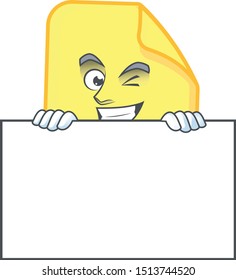 Grinning with board rounded sticker paper cartoon with mascot
