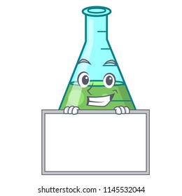 Grinning with board science beaker character cartoon